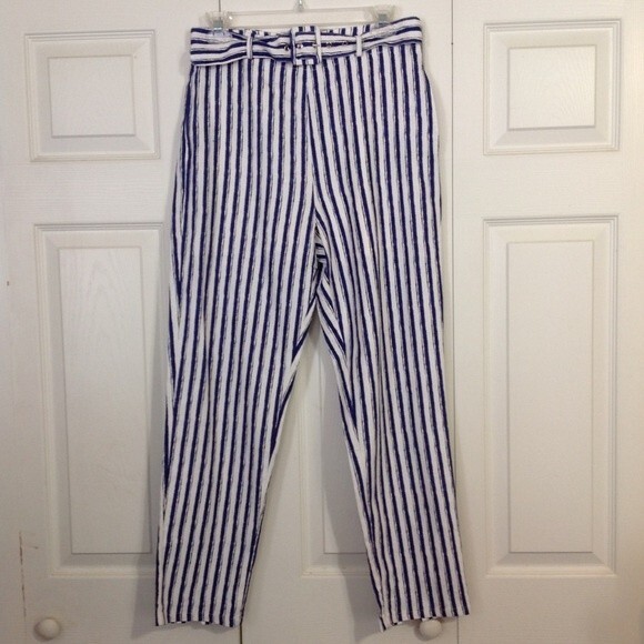 LE LIS COLLECTION Size Small Blue White Striped Linen Belted Pants Cut Out Hem - Picture 1 of 10